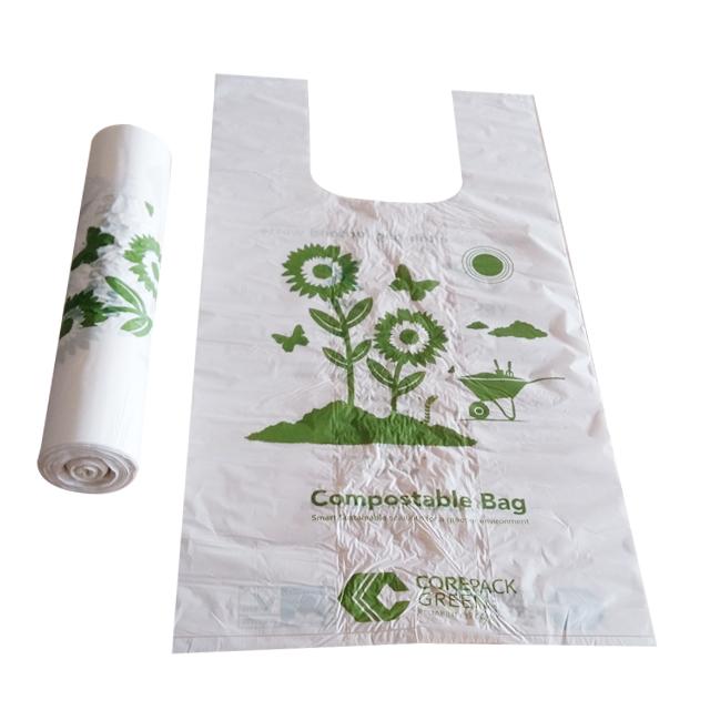 Rollo impreso de encargo de la bolsa de plástico de la camiseta del almidón de maíz con propio logotipo