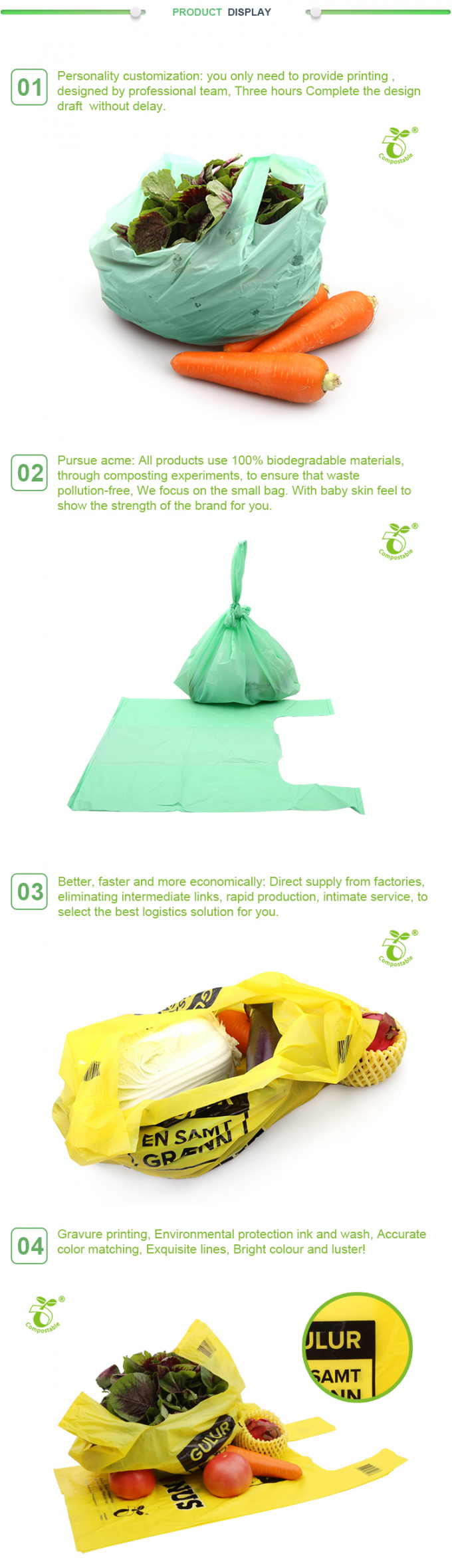 Bolso de compras plástico biodegradable colorido modificado para requisitos particulares del chaleco de la camiseta