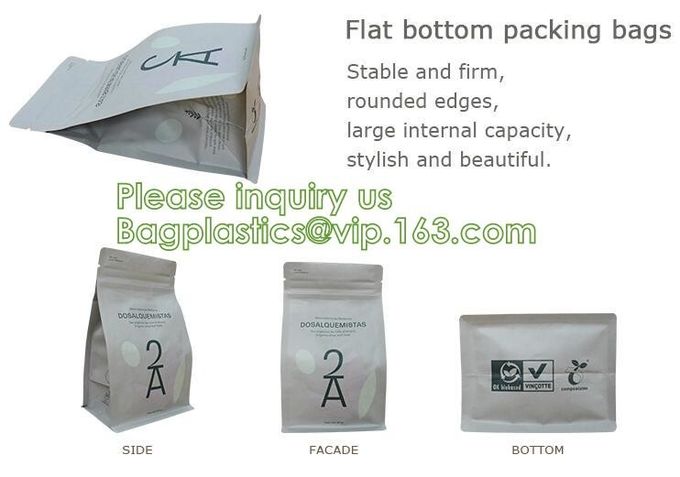 La aduana de Bagease imprimió bolsos de empaquetado inferiores planos de papel abonablees biodegradables de café del Pla Kraft de la bolsa de lujo de los granos