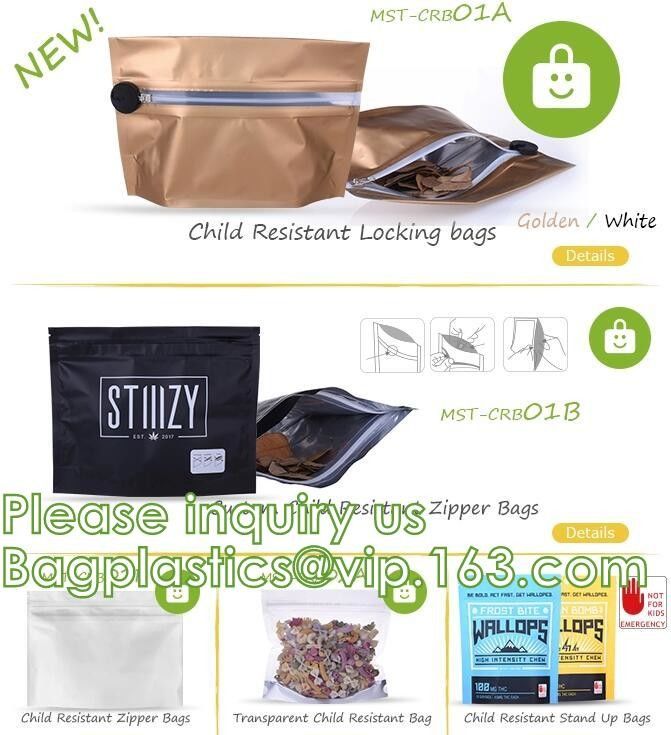bromas a prueba de niños de mylar de la galleta plástica de la cremallera de la prueba del olor encima del bolso hermético resistente modificado para requisitos particulares del peva del runtz de los niños de la cremallera