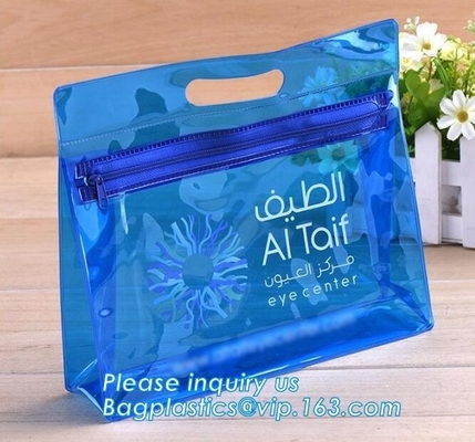 travel use frosted pvc cosmetic zipper bag with logo, zip slider pipping cosmetic hand sample promotion bags, Clear PVC