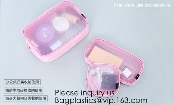 Travel toiletry pouch cosmetic makeup organizer bag zipper transparent pvc mesh bags,pouch nylon cosmetic gift bags&case