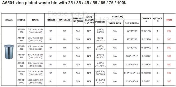 Zinc Plated Waste Bin with 25L 35L 45L 55L 65L 75L 100L, Tin Embossed Rubbish Bin Rome Living Room Bedroom Kitchen Toile