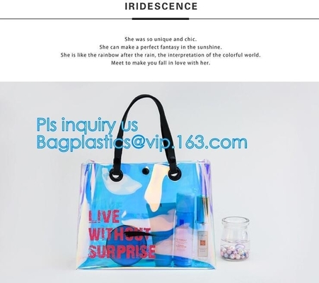 Fashion Women Clear PVC Vinyl Beach Tote Bags Handbag With Handle, handbag tote bag with inner drawstring bag, CARRY BAG