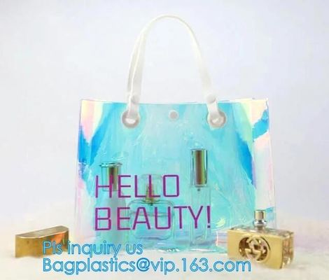 Women Summer Beach Bag Vinyl PVC Transparent Small Tote Handbags Shopping Shoulder Bags, handle, carry, die cut, packagi
