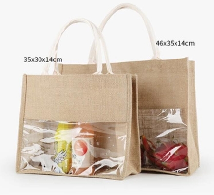 Beach Tote Shoulder Bag With Interior Pocket, Jute Bags Natural Burlap Joint PVC Wine Grocery Packaging Carrier Jute Bag