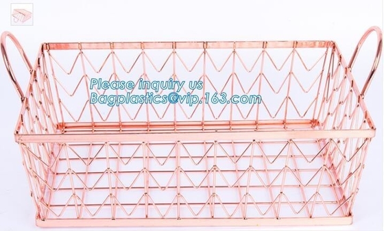 Metal Wire storage basket,rose gold metal wire storage basket for kitchen bathroom office, metal chicken wire storage ba