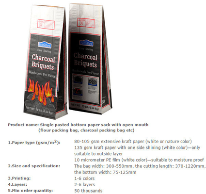Brown kraft packing paper bag, BBQ fuel packing bag, Animal seed packing paper sack, CHARCOAL, ANIMAL FEED, DEXTROSE, ME